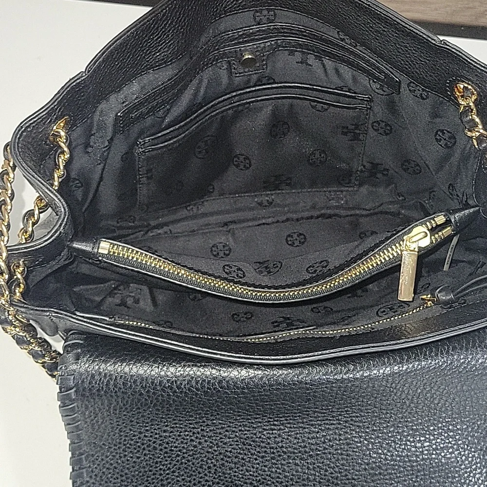 Tory Burch Flap Front Pebble Black Leather Shoulder Bag with Gold Chain-Strap